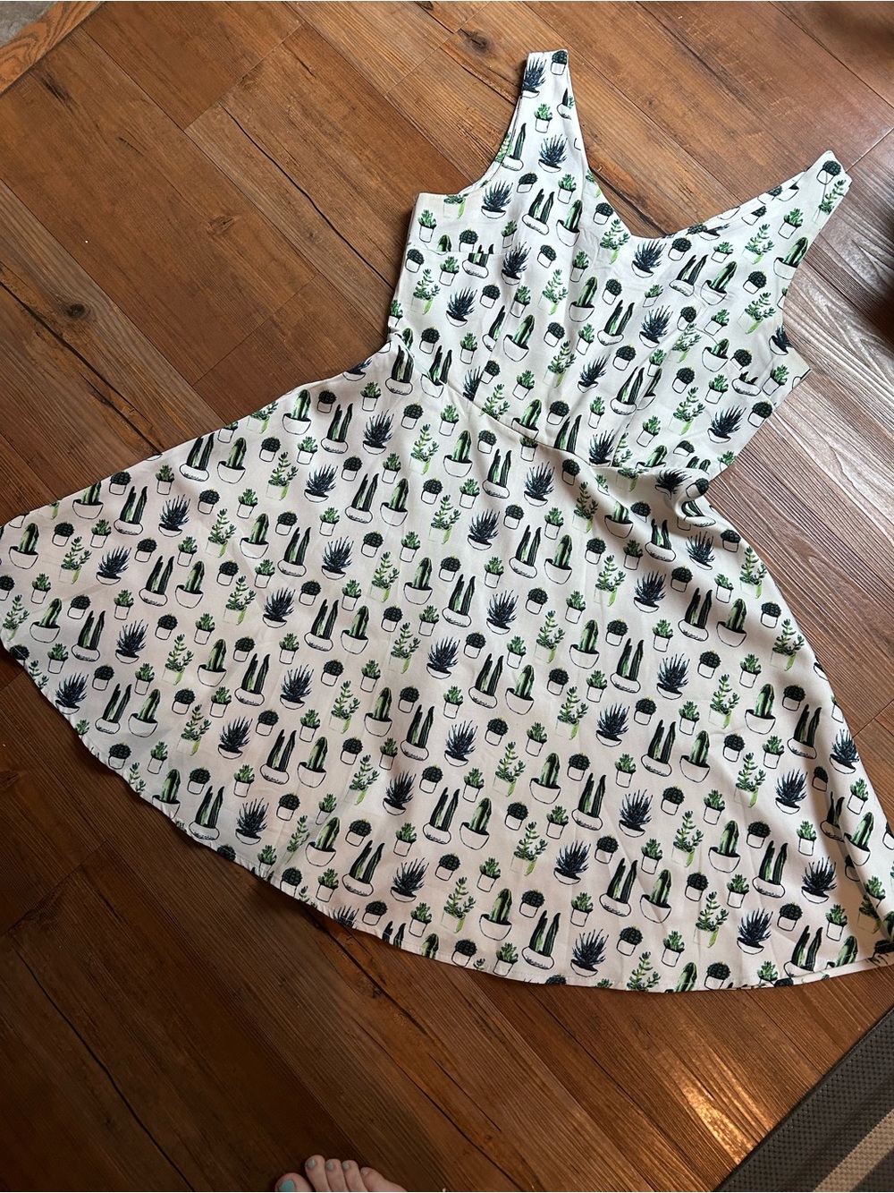 White Dress with Green & Black Cactus Print
